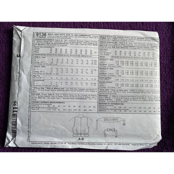 McCalls 9136 mens vest bow tie cummerbund pattern size 36 38 40 - Picture 3 of 6